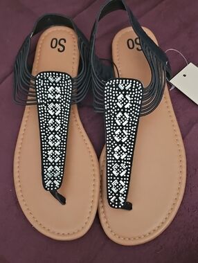 SO Black T-Strap Sandals with Silver Stud Detail